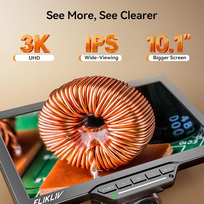 Elikliv Autofocus Digital Microscope EM3K-AF Max: 3K Coin Microscopes with 10.1" IPS Screen, HDMI Soldering Microscope for Electronics Repair, Watchmaking Magnifier, HDMI/USB Output, 10" Stand, 16GB