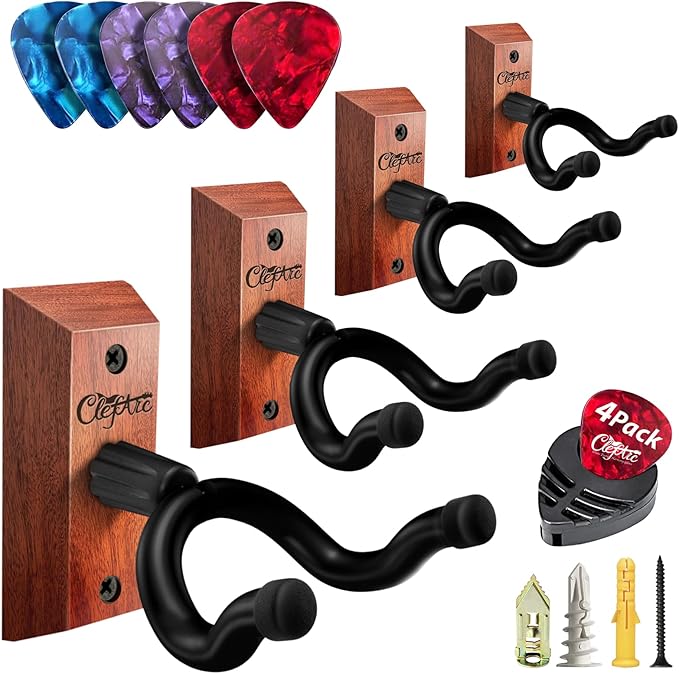 Black Guitar Wall Mount 4 Pack, Picks and Pick Holders, Mahogany