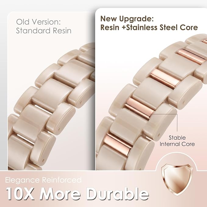 V-MORO Resin Metal Band Compatible with Apple Watch 42mm 41mm 40mm 38mm,Fashion Lightweight Bracelet with Polished Rose Gold Stainless Steel Inlay for iWatch Series 11/10/9/8/7/6/5/4/3/2/1/SE,Oatmeal