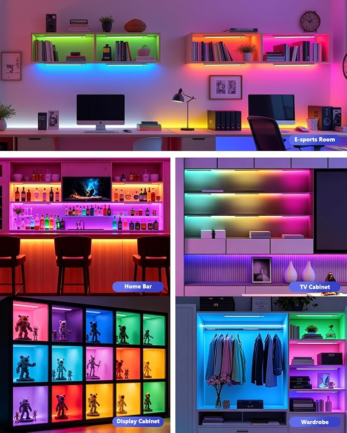long-stars Motion Sensor Under Cabinet Lighting, 1500mAh Rechargeable RGB Light Bar with Remote, 15 Colors Dimmable LED Night Light, Timer & Wireless for Kitchen Counter, 4 Pack