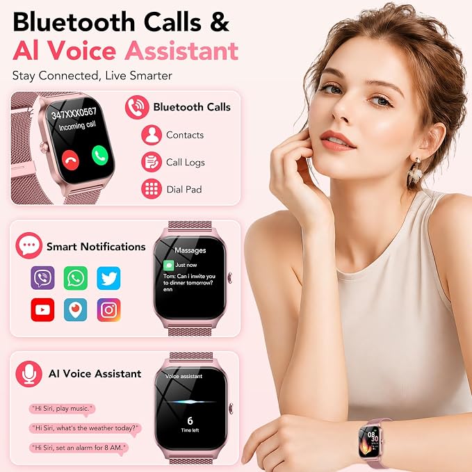 Smart Watch for Women, Answer/Make Call/AI Voice,1.85" HD Smartwatch Compatible for iPhone/Samsung/Android,120+Sport Modes Fitness Tracker with Heart Rate/Sleep Monitor, IP68Waterproof (2 Bands)