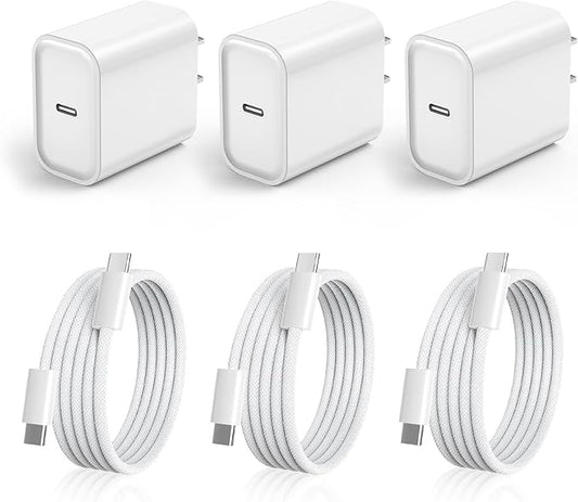 3 Pack iPhone 17 USB C Charger Fast Charging,20W Type C Port Wall Charger Power Brick with USB C to C Braided Cable Compatible with iPhone 17/17 Pro/17 Air/17 Pro Max/16/16 Pro/16 Plus/16 Pro Max/15