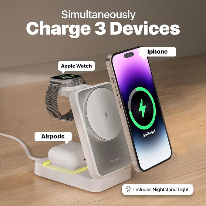 PWR Fold 2.0 4-in-1 Charging Station for Multiple Devices - Portable Wireless Charging Station Compatible with Apple Watch, iPhone, Samsung, Airpods and Qi Wireless Devices (White)