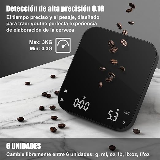 0.1g Precision Coffee Scale with Timer, Diyife 3kg/0.1 Rechargeable Espresso Scale for Pour-Over Coffee, Digital Scale with Back-Lit LCD Display, Auto Tare, Silicone Waterproof Cover, Black