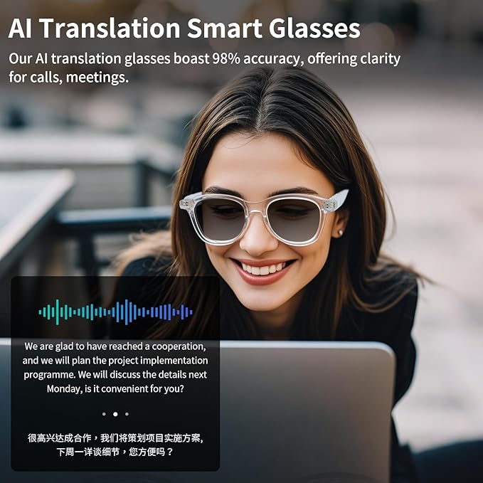 AI Smart Glasses, Bluetooth Translation Glasses for Men Women, Smart Audio Sunglasses with Real Time Translation(160+Languages), Photochromic Lenses, Music Blue Light Glasses for Travel Business-C