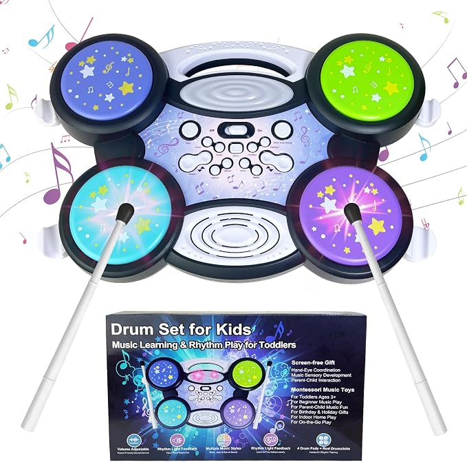 Sealive Baby Drum Set for 1 Year Old, Toy Drums for Toddlers 1-3 | with Lights, 2 Drumsticks, Adjustable Volume and Tempo, Baby Drum Toy for Sensory Music Play, Birthday Gift for Boys Girls