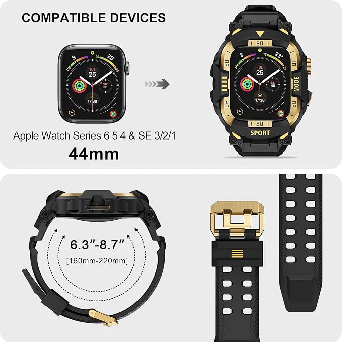 DABAOZA Rugged Case with Band Compatible with Apple Watch 44mm, for iWatch Series 6/5/4 & SE 3/2/1,Military Grade Shockproof Bumper and Men's Tactical Heavy Duty Strap (Black/Gold,44MM)