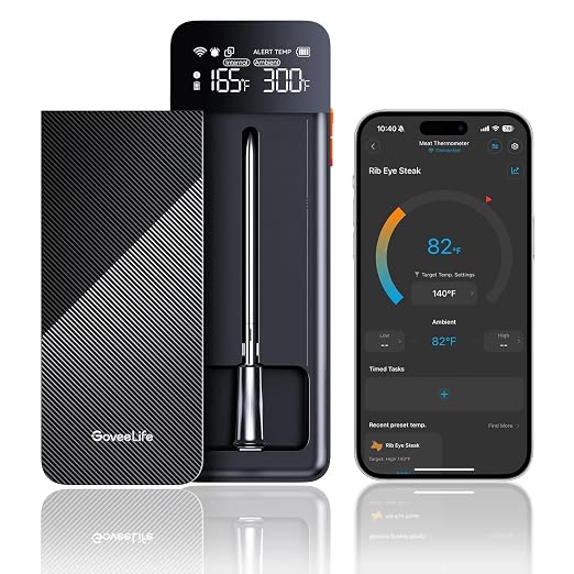 GoveeLife Smart Wireless Meat Thermometer with Bluetooth WiFi Ultra Range, Digital Oven Thermometer with Accuracy ±1.8°F, Charge Magnetic Base, Alarm, Kitchen Tools Suitable for BBQ, Grill, Smoker
