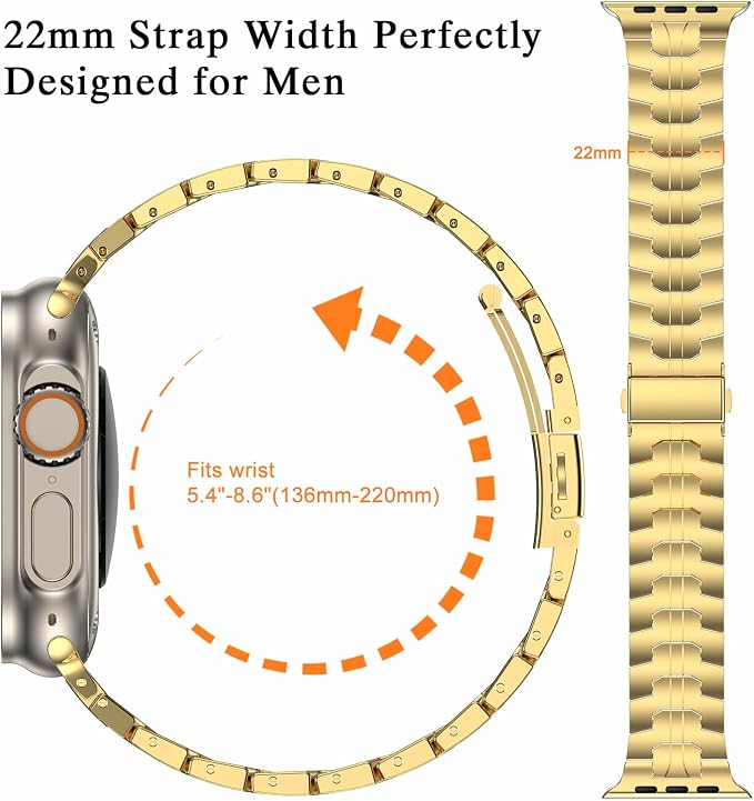 MioHHR Stainless Steel Band Compatible with Apple Watch Band 49mm 46mm 45mm 44mm 42mm(Series 3/2/1), Adjustable Metal Band for Men iWatch Series 10 9 8 7 6 5 4 3 2 1 SE SE2 SE3 Ultra3/2/1, Gold