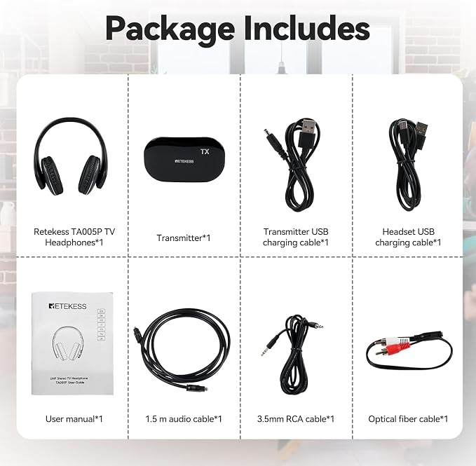Retekess TA005P Wireless Headphones for TV Watching, TV Headphones with Transmitter, One-Touch Mute,Support AUX, RCA and Optical Input, TV Headphones Wireless for Seniors