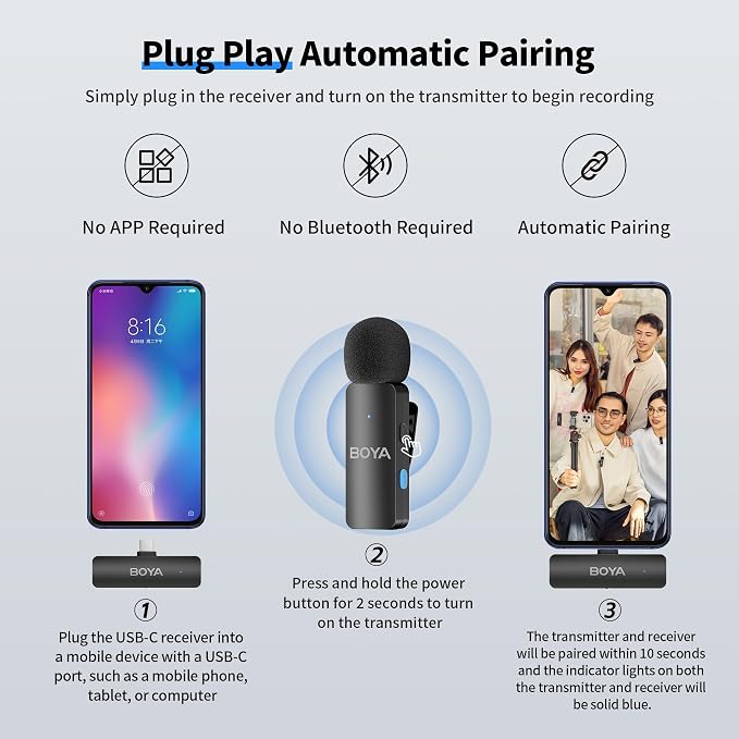 BOYA BY-V4U Wireless Lavalier Microphone for iPhone 15/16 Series, Mini Microphone 200m Range, 18h Battery Life with Noise Cancellation, Compatible for Video Recording, Podcasts, Interviews
