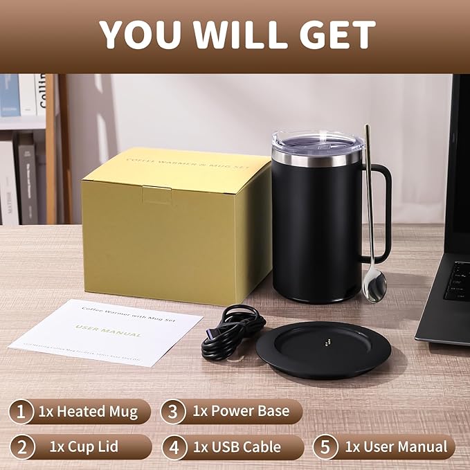Smart Temperature Control Coffee Mug for Desk,Heated Cup with 10Hrs Auto Shut Off, USB Powered Mug Warmer Set (17oz-Black)