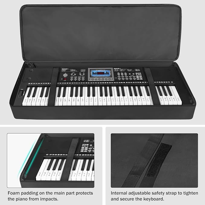 61 Key Piano Keyboard Case Bag 40.6''x6.1''x17'',Portable Padded Keyboard Gig Bag with Handles and Adjustable Backpack Straps with 4-Pocket for Keyboard Accessaries (Black)