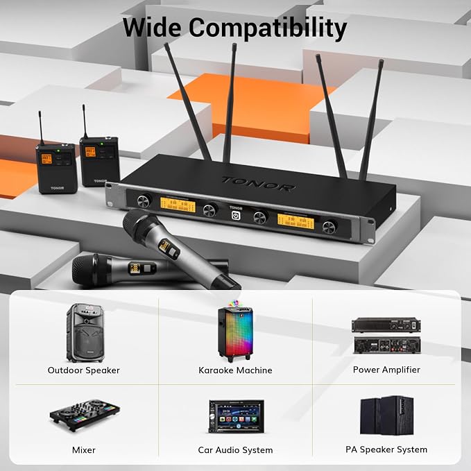 TONOR Wireless Microphones System with Metal 2 Cordless Mic and 2 Headset/Lapel/Lavalier Mic, Bodypack Transmitter, Receiver for Karaoke Church Singing Party PA Speaker, 4*10 Channels 90 m/295ft Range