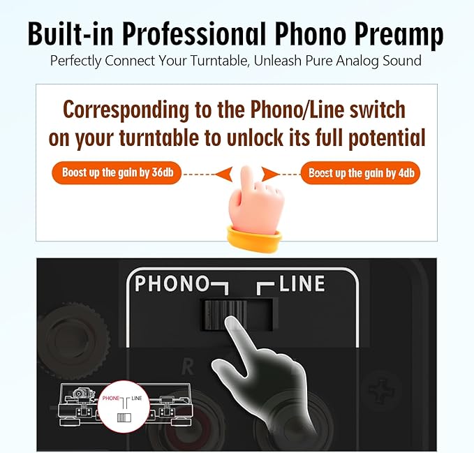 PM6BT Bluetooth Phono Preamp for Turntables, Wireless Transmitter Receiver Preamplifier, MM Phonostage with Bass Treble EQ, Headphone Out, aptX HD, Vinyl Record Player Pre-amp, Aluminum