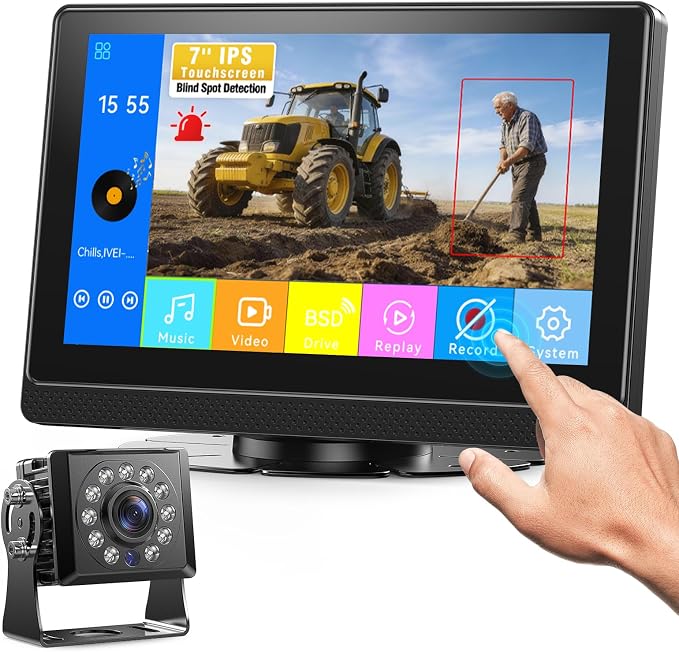 Fookoo 1080P AHD Wired Backup Camera System, 7" Touchscreen Monitor Blind Spot Detection 10G Vibration-Proof Rear Camera for Tractor Truck Excavator Caravan Skid Steer Harvester MP3 MP5 Waterproof DVR