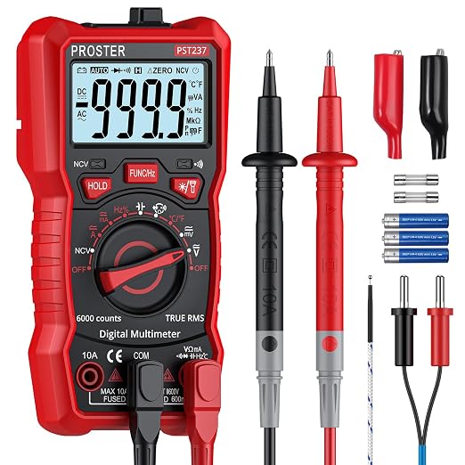 Proster Digital Multimeter 6000 Counts- TRMS Auto Range Multi Testers, NCV Detector DC AC Voltage Current Meter Voltmeters Temperature Capacitance Resistance Diode Continuity Tester