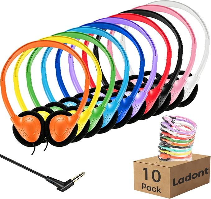 10 Pack Kids Headphones Bulk for School Classroom, Multi Color Wired Student Headsets, Adjustable On-Ear Earbuds for Chromebook Computer Lab Testing, 3.5mm Jack