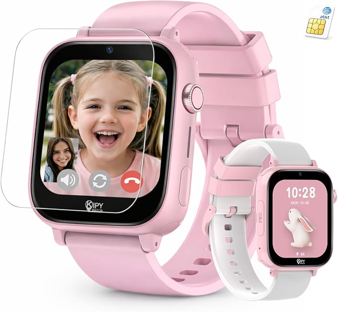 Kipywatch Smart Watch for Kids - Kids Watch with GPS Tracker, Safe Zones Alert – Camera, Voice & Video Call, School Mode – Parental App, Subscription Required - Extra White Strap - Gifts for Girl 3-12