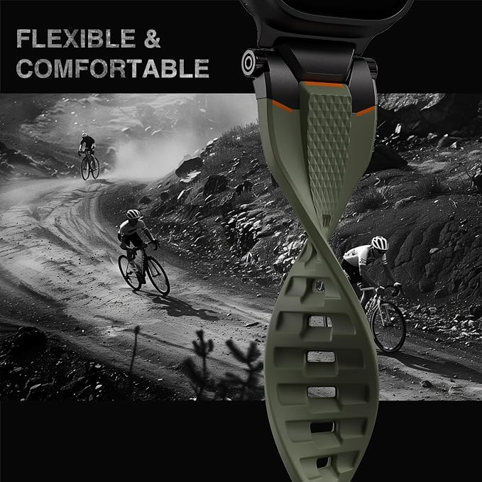ULTIMAL Rugged Band for Apple Watch Ultra 3/2/1 49mm, Series 11/10/9/8/7/6/5/4 SE 46mm/45mm/44mm, Waterproof, Soft TPU Strap with Stainless Steel Buckle & Connectors, Sweat-Resistant, Easy to Clean, Fits 155-225mm Wrist (Black/green)