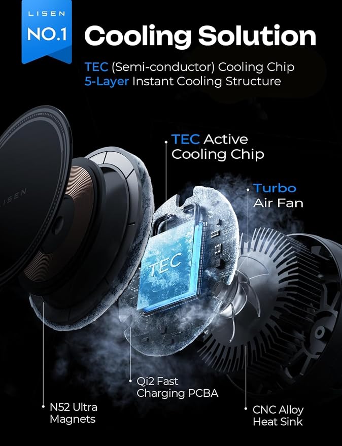 LISEN Qi2.2 25W MagSafe Car Mount Charger [TEC Cooling & Qi2 25W] Magnetic Wireless Car Charger,360 Dashborad & Vent Magnetic Phone Holders for Your Car Accessories, Only for iPhone 17 16 15 14 13 12