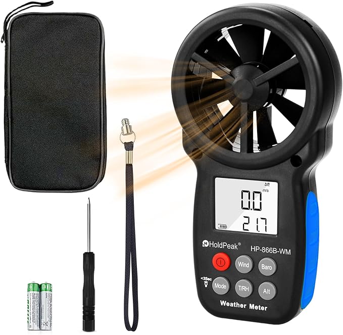 HoldPeak Handheld Anemometer Barometer, Weather Meter for Wind Speed, Temperature, Humidity, Dew Point, Altitude, Barometric Pressure, Wind Chill Measuring, Digital Wind Guage 866B-WM