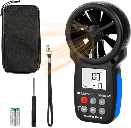 HoldPeak Handheld Anemometer Barometer, Weather Meter for Wind Speed, Temperature, Humidity, Dew Point, Altitude, Barometric Pressure, Wind Chill Measuring, Digital Wind Guage 866B-WM