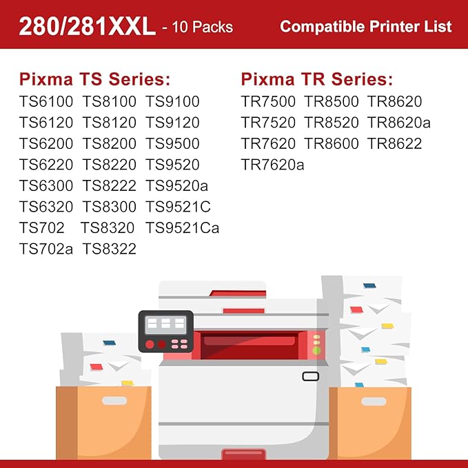 280 281 TR8620a Ink Cartridges High Yield Replacement for Canon PGI-280XXL CLI-281XXL 280XXL 280 281 XXL for Color Printer Pixma TR8600 TR8622a TR8620 TR8520 TS9120 TS9521c TS6120 TS8220 ink 10-Pack