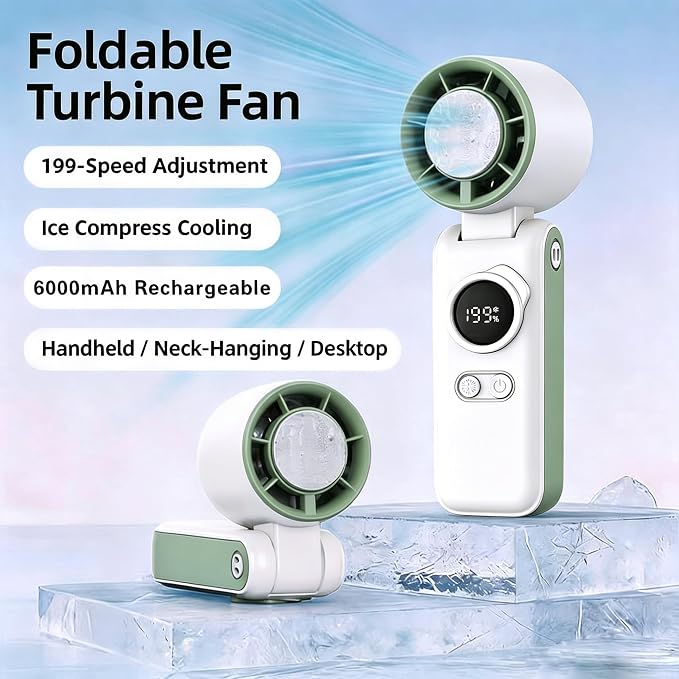 Handheld Portable Air Conditioners Fan with Semiconductor Cooling - 6000mAh Rechargeable 3-in-1 Mini AC Fans (Hand/Neck/Desk),199 Speed/5 Gear,Personal Turbo Fan for Outdoor Travel Beach Home (Green）