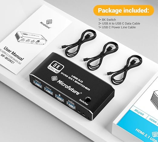 8K@60Hz KVM Switch 2X1, HDMI 2.1 for 1 Monitor 2 Computers, 4 USB3.0 Devices, USB C Selector With Hotkey, Supports 4K@120Hz, 2K@144Hz, 1080P@240Hz (2 USB 3.0 Cable Included)