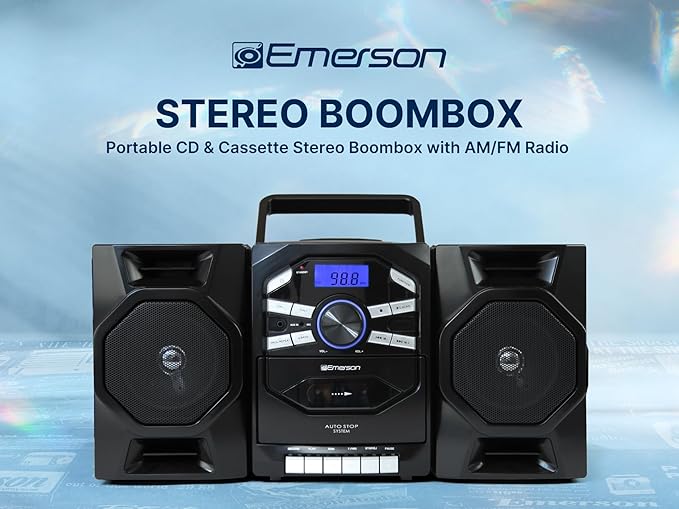 Emerson Portable CD Player Boombox with Cassette Player, Tape Recorder, AM/FM Radio, MP3 AUX Input, Detachable Speakers, AC/DC & Battery Operated – Stereo System for Home, Travel, Indoor & Outdoor Use