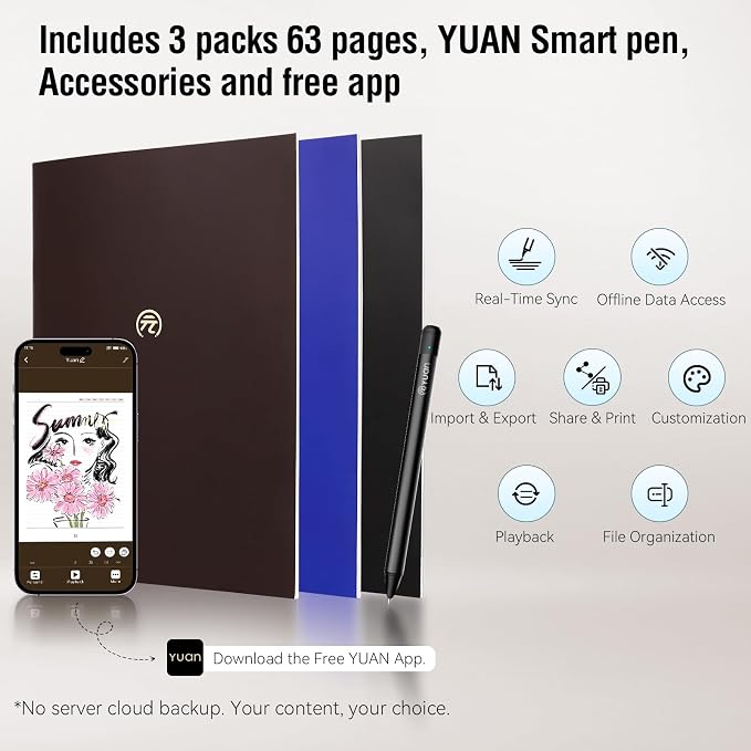 Yuan Smart Notebook with Smart Pen, Real time Sync Digitizing to Phone/Tablet, Smart Writing Cuaderno Digital for Students, Sketching, Note-Taking, Art & Meeting, Digital Paper Tablet, iOS & Android Compatible