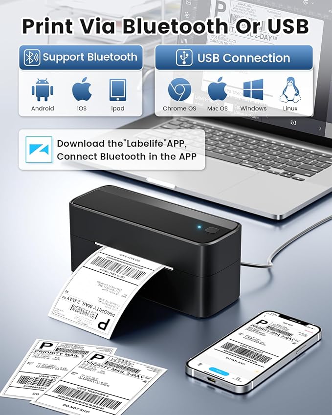 Phomemo 241BT Bluetooth Thermal Shipping Label Printer 4X6 - Wireless Thermal Label Printer for Shipping Packages + 2 Inch Color Circle Thermal Sticker Labels 400