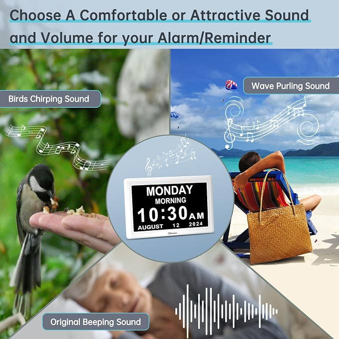 Soobest Dementia Digital Clock for Seniors Elderly, 20 Alarm Reminders 3 Ringtones for Memory Loss Alzheimers, Electric Time Date Day Large Display Calendar Clock, Auto DST, 1024 * 600P HD