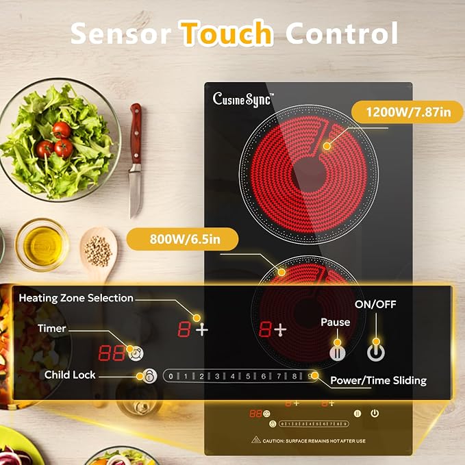 2 Burner Electric Cooktop, 110-120V Plug In Countertop Stove, Touch Control with 99-Min Timer, Child Lock & Auto Shutoff, 12 Inch Radiant Cooktop for Indoor Cooking