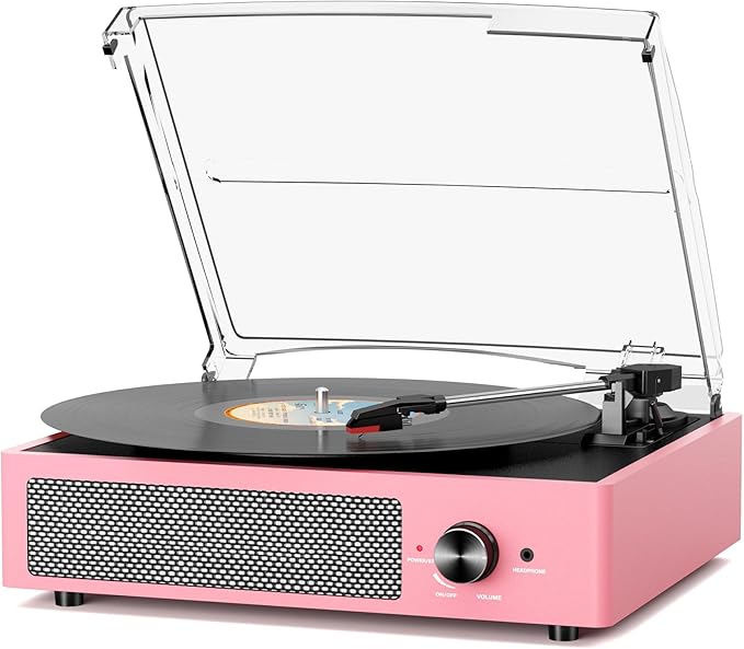 Vinyl Record Player with 2 Stereo Speakers Belt-Driven Vintage Turntables 3 Speed 3 Size Wireless Bluetooth Playback AUX-in RCA Out Headphone LP Vinyl Players Auto Stop Dusty Rose