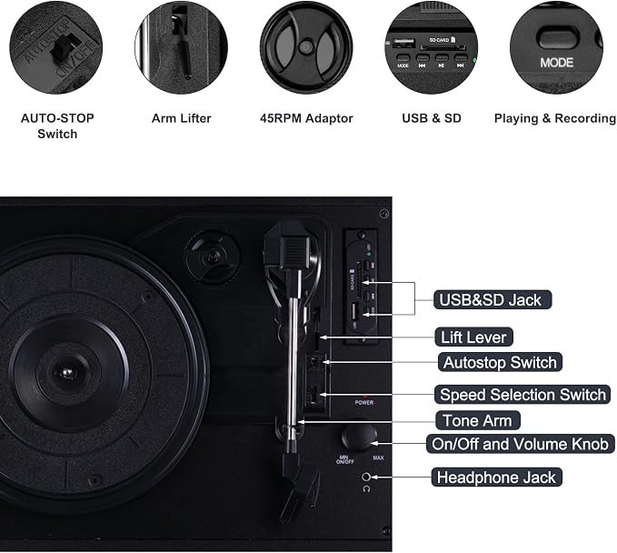 Vinyl Record Player with Bluetooth and Built-in Speakers, 3-Speed Portable Turntable for Vinyl Records, Retro Suitcase Design, USB Recording, Includes Extra Stylus, Ideal for Beginners(Black)-Vinilos