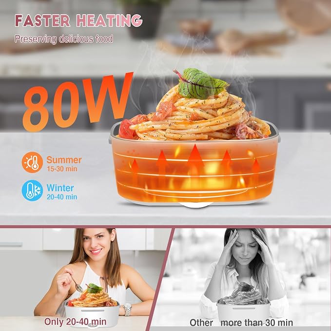 LAVAED Electric Lunch Box for Adults 80W Heatable Lunchbox Warmer Portable for Work Heated Lunchbox Food Heater for Car/Truck/Office/Fast Heating, Portable, BPA Free