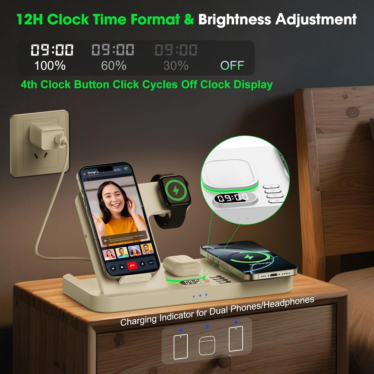 Dual Phone Wireless Charging Station for Apple Devices, Magnetic Charging Station for iPhone with Auto Switch 7-Color Light&Clock, Family Watch Charger for iPhone17 for iWatch10 for AirPods Pro3(White