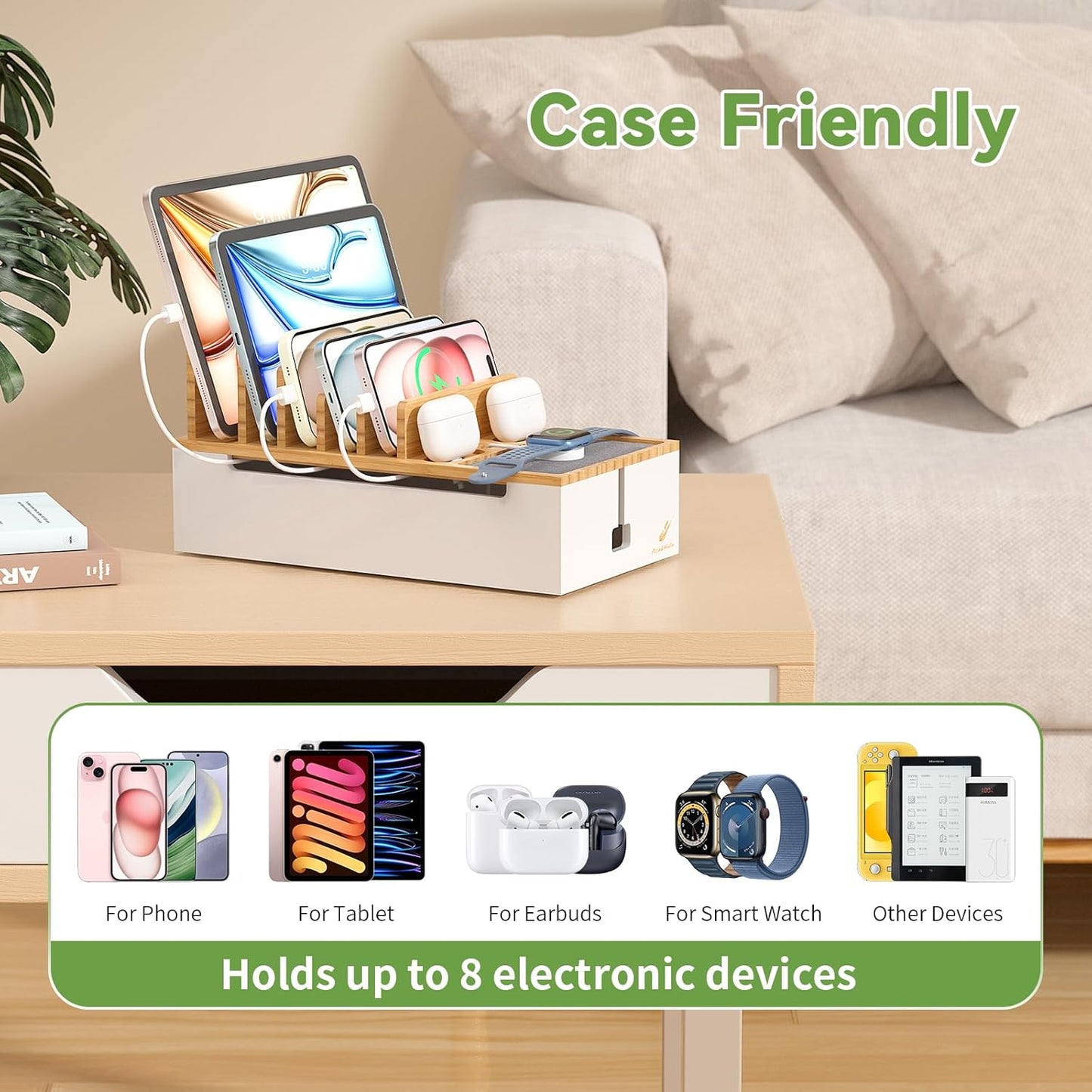 Pezin & Hulin Bamboo Cable Management Box, Wire Organizers for Cords, Charge Station Box, Desktop Dock Organizer Rack for Electronic Device (Include 6 Cables)(No Power Adapter) -Natural + White