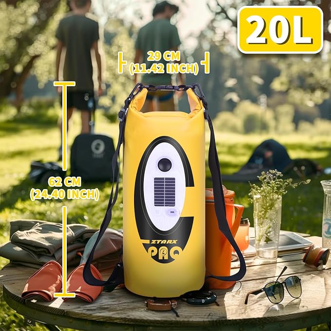 FELICON Waterproof Dry Bag Backpack with Bluetooth Speaker, 20L Roll Top Floating Sack, Solar & USB-C Powered Emergency Charger, RGB Light, Heavy Duty PVC for Kayaking Camping, Yellow