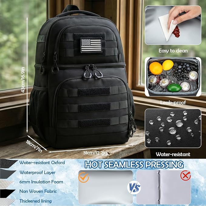 Insulated Lunch Backpack for Men, Tactical Cooler Backpack, Double Deck Leak Proof RFID Backpack Coolers for Work, Camping, Hiking & Picnic (Black)