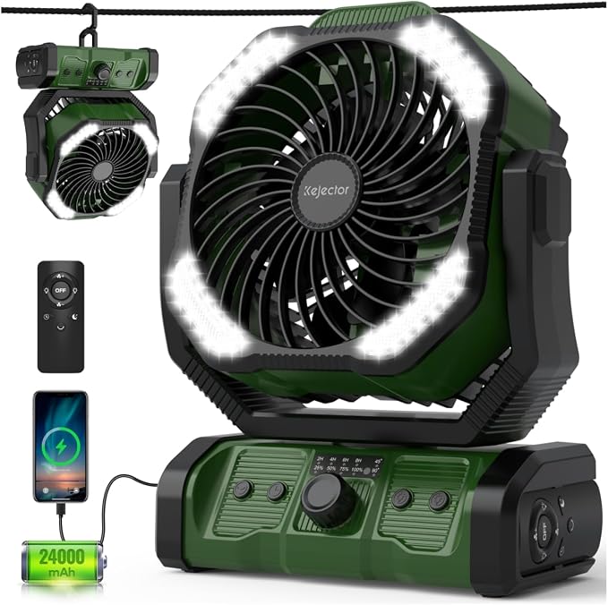 kejector Portable Camping Fan, 24000mAh Rechargeable Battery, Dual Motor & 8 Blades, Remote & Timer, 6 Speeds + Auto Swivel, LED Light for Tent, Travel, Camping Essentials