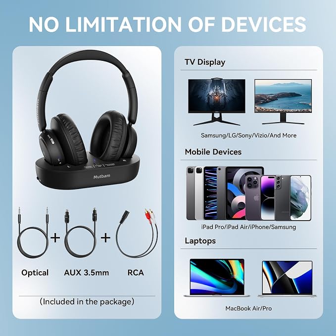 Wireless Headphones for TV, TV Headphones Wireless for Seniors with Charging Dock, 65H Playtime, Low Latency, Plug-Play, Optical RCA AUX Bluetooth, Assistive Hearing Headset, Gifts for Elderly