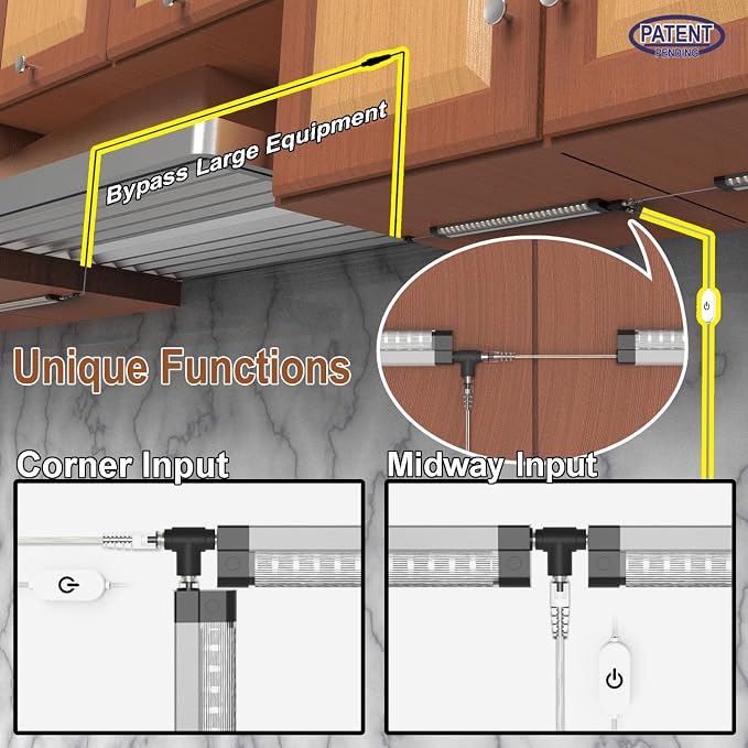EBD Under Cabinet Lighting Plug in 15 Pcs 12 Inch, Dimmable No Messy Wires Built-in Adjustable Cable LED Light Bar, T-Connector Counter Lights for Smart Plug Kitchen Home Office 6500K 6750Lm 6 Cables