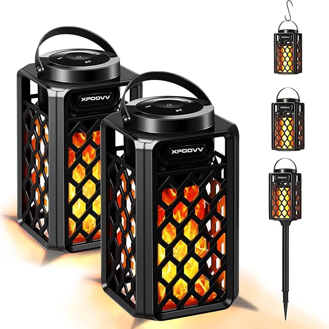 Gifts for Men Him Husband Boyfriend, Waterproof Bluetooth Speaker with LED Torch Flame Lights, 10W Deep Bass for Patio Porch Garden Backyard Birthday Gifts (2 Pack)