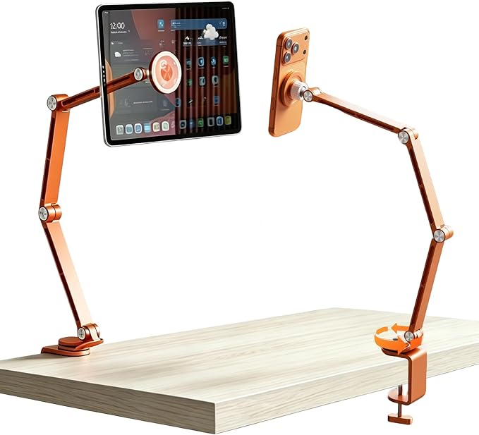 Magnetic Cell Phone Stand for Desk,360°Rotation Aluminum Tablet Holder,Hight Adjustable Foldable Phone Holder for 4-12.9" Devices Compatible with MagSafe/iPhone/Android/iPad (Orange)