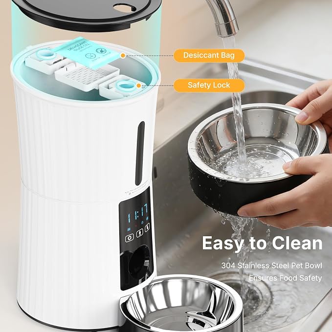 NEWBULIG 4L Automatic Cat Feeder with APP Control, 2.4G WiFi Timed Pet Feeders for Dry Food, 10 Meals/Day, 50 Portions/Meal, Dog Food Dispenser with 10s Voice Recorder, Dual Power Supply, White