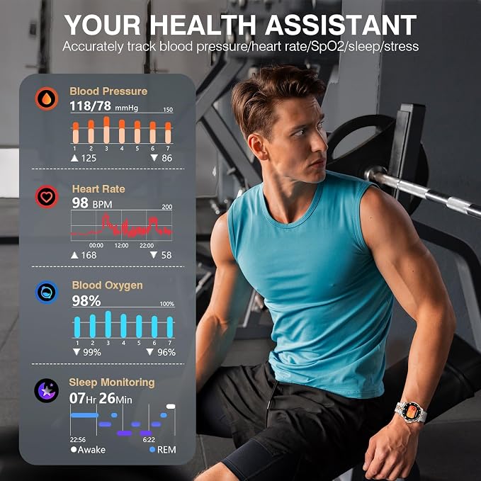 GPT AI Smart Watch with Bluetooth Calls, 1.19-inch AMOLED 44mm, 24/7 Heart Rate, SpO2, Blood Pressure, Sleep Monitor, 107 Sports Fitness Tracker, Smartwatch Compatible Android and iOS Silver Gold