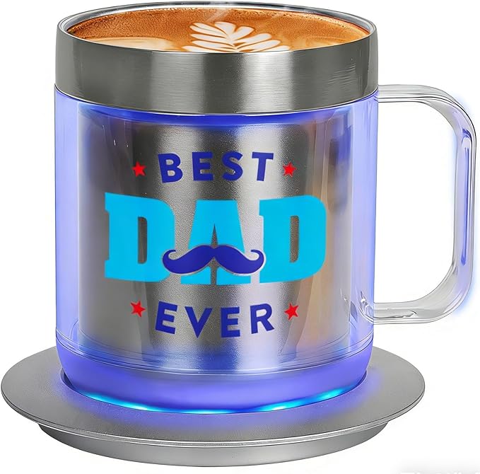 Dad Birthday Gifts, 12oz Heated Coffee Mug with BEST DAD EVER Design, USB Electric Temperature Control Cup, Fathers Day Gift from Wife Daughter Son(Silver DAD-12oz)